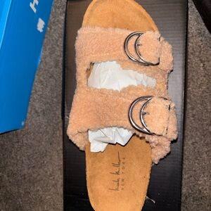 Beige Shearling Buckle Sandals